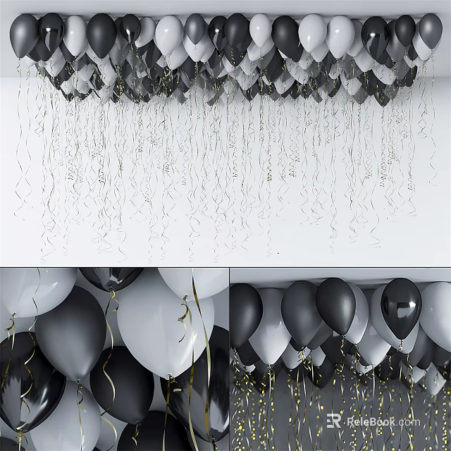 Black White Gray Balloons with Silver Ribbons and Gold Confetti Party Decorations Supplies 3d model 