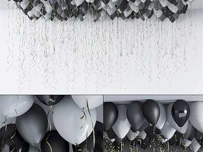Black White Gray Balloons with Silver Ribbons and Gold Confetti Party Decorations Supplies 3d model
