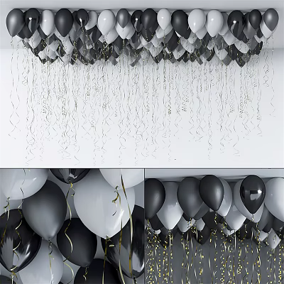 Black White Gray Balloons with Silver Ribbons and Gold Confetti Party Decorations Supplies 3d model