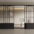 Modern Minimalist Interior Featuring Black Frame Sliding Doors With Patterned Glass Arched Design 3d model