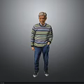 Elderly Man Wearing Striped Sweater And Blue Jeans Standing Against Gray Background
