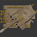 Detailed Golden Tank Model with Cannon Tracks and Metallic Armor on Reflective Surface