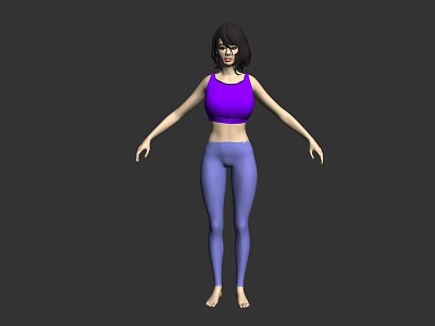 Game and Movie Female Character in Purple Tank Top Blue Leggings Standing on Gray Background 3d model