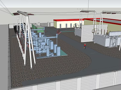Electrical Substation Facility With High Voltage Equipment Steel Poles And Control Building On Gravel Ground 3d model