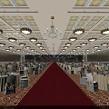 Luxurious Banquet Hall With Red Carpet Decorated Tables White Chair Covers And Chandeliers