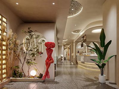 Modern Artistic Café Interior Featuring Green Plants Red Sculpture Curved Walls And Terrazzo Floor 3d model