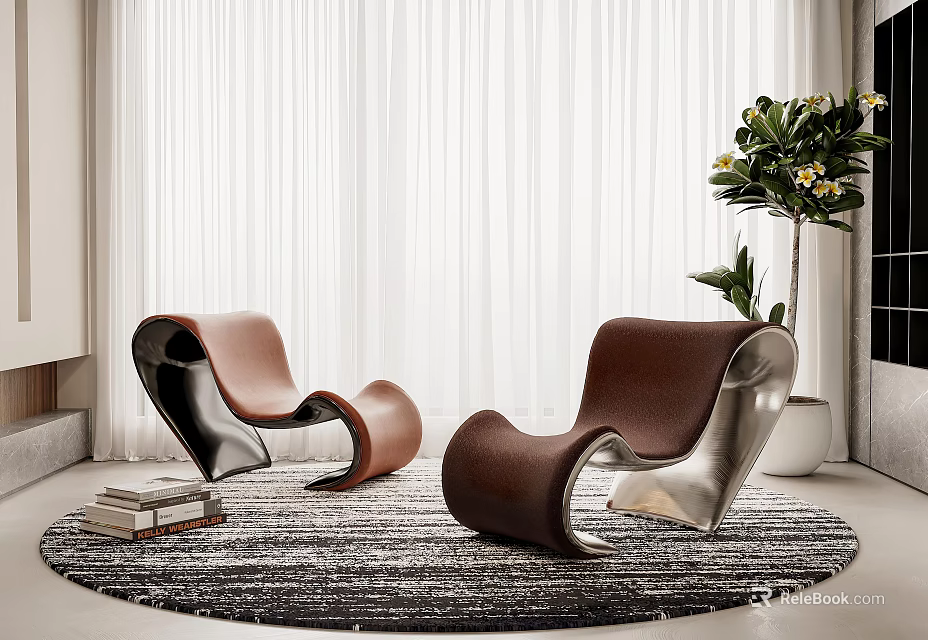 Modern Curved Leather Leisure Chairs In Living Room With Patterned Rug And Green Plant 3d model 
