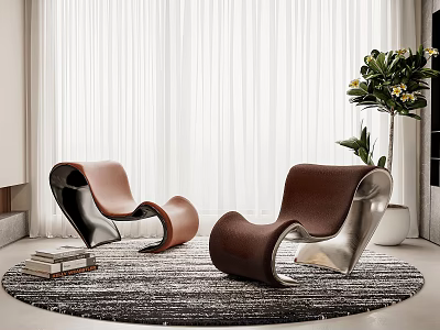 Modern Curved Leather Leisure Chairs In Living Room With Patterned Rug And Green Plant 3d model