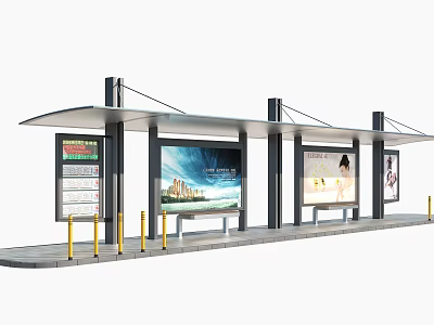 Modern Urban Bus Station With Shelter Billboards And Yellow Bollards 3d model
