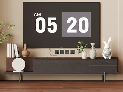 Modern TV Stand with Large TV Books Vases Decorative Rabbit and Potted Plants 3d model