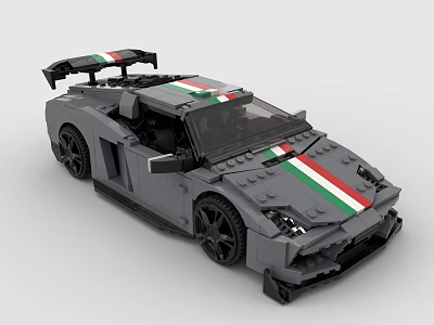 Gray Building Blocks Sports Car Featuring Red Green White Stripes Black Wheels And Spoiler 3d model