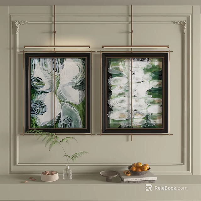 Minimalist Modern Abstract Paintings With White Green Hues On Wall And Black Frames 3d model 