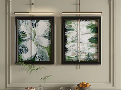 Minimalist Modern Abstract Paintings With White Green Hues On Wall And Black Frames 3d model