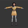 3D Character In Yellow Polka Dot Dress With Black Belt And Arms Outstretched