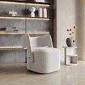 Modern Beige Single Sofa with Gray Wall LED Shelves and White Side Table Wooden Floor