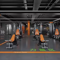 Spacious Modern Fitness Gym With Workout Equipment Dumbbells And Orange Lines