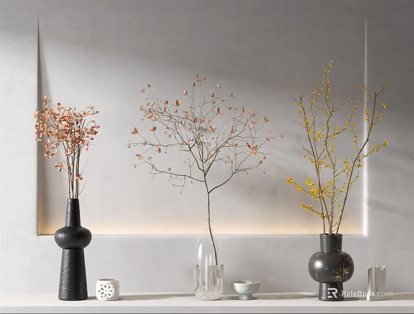 Elegant Vases With Colorful Branches On Gray Wall With Lighting And Small Decor Items 3d model 