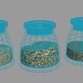 Three Transparent Ceramic Storage Jars With Silver Lids Filled With Grains And Spices