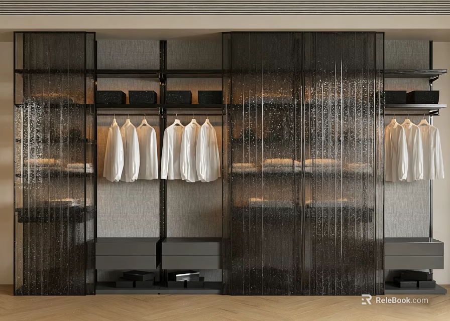 Modern Wardrobe Interior With Black Glass Partitions Hanging White Shirts And Storage Shelves 3d model 