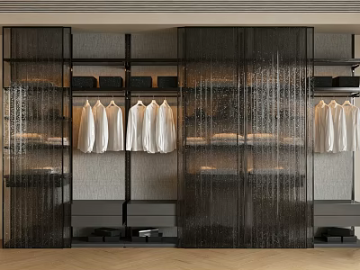 Modern Wardrobe Interior With Black Glass Partitions Hanging White Shirts And Storage Shelves 3d model