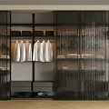 Modern Wardrobe Interior With Black Glass Partitions Hanging White Shirts And Storage Shelves