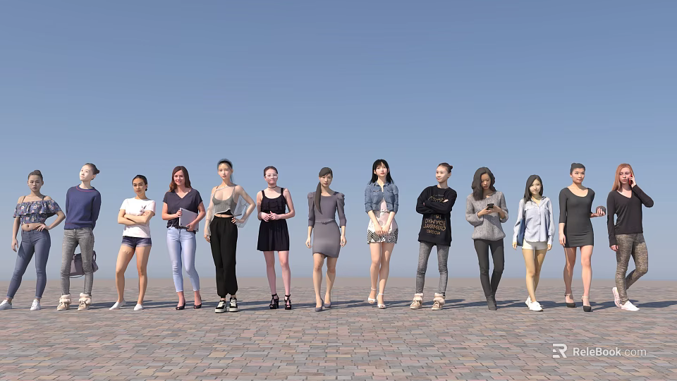Diverse Group of People Standing Together Outdoors on Brick Ground Under Blue Sky 3d model 