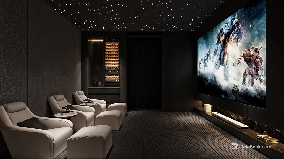 Luxury Home Theater Interior With Starry Ceiling Recliners And Large Screen 3d model 