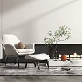 Modern Minimalist Single Sofa With Ottoman Plant And Fireplace In Cozy Living Room