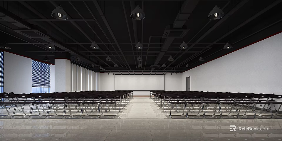 Modern Conference Room Interior With Black Chairs Rows Black Ceiling And Hanging Lights 3d model 