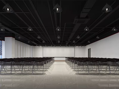 Modern Conference Room Interior With Black Chairs Rows Black Ceiling And Hanging Lights 3d model