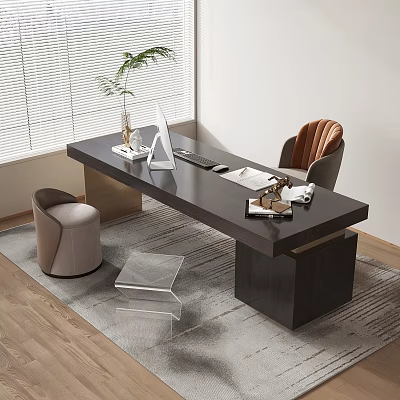 Dark Wood Desk Setup With Computer Monitor Keyboard Chair And Green Plant By Window 3d model