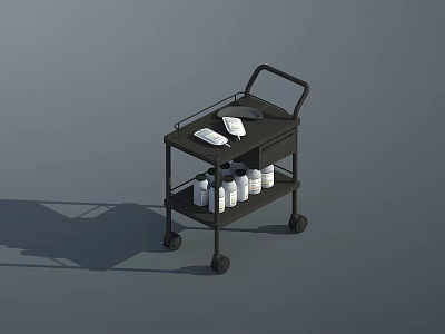 Black Two Tier Medical Cart With Wheels And Medical Supplies On Top 3d model