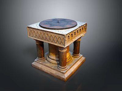 Decorative Stone Table with Carved Patterns Circular Dark Top and Pillar Supports in Vintage Design 3d model