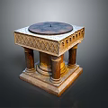 Decorative Stone Table with Carved Patterns Circular Dark Top and Pillar Supports in Vintage Design