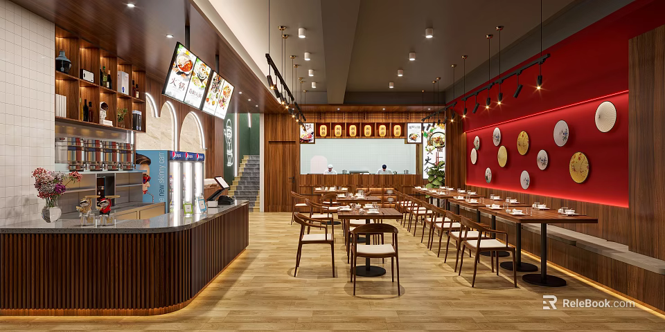 Modern Restaurant Interior With Wooden Elements Red Wall Dining Tables And Hanging Lights 3d model