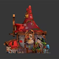 Fairy Tale Mushroom Building with Vibrant Red Roof Small Windows Wooden Door and Decorative Lanterns