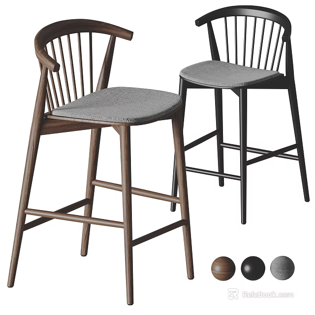 Modern Wooden Frame Bar Stools With Gray Upholstered Seat Backrest And Stable Design 3d model 