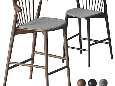 Modern Wooden Frame Bar Stools With Gray Upholstered Seat Backrest And Stable Design 3d model