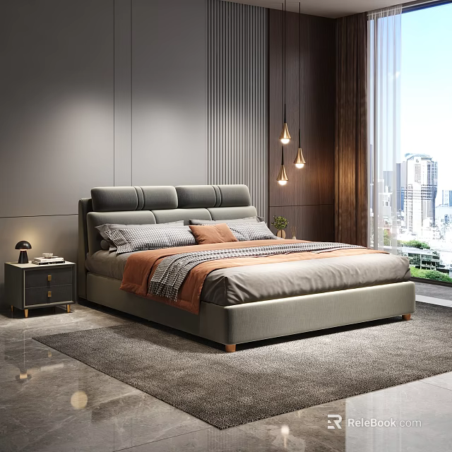 Modern Bedroom Interior With Grey Upholstered Headboard Orange Pillows Pendant Lights And City View 3d model 
