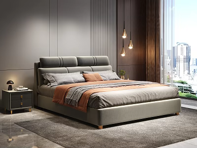Modern Bedroom Interior With Grey Upholstered Headboard Orange Pillows Pendant Lights And City View 3d model