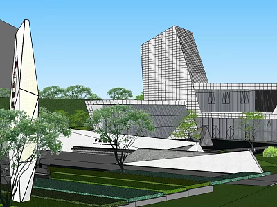 Modern Office Building With Abstract Geometric Design Glass Curtain Wall And Greenery 3d model