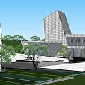 Modern Office Building With Abstract Geometric Design Glass Curtain Wall And Greenery