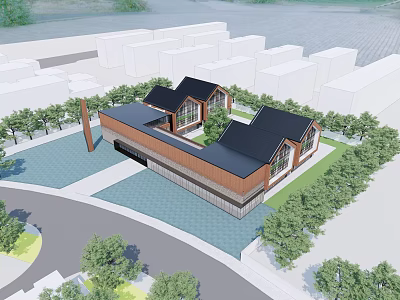 Birds Eye View Planning of Modern Building Complex With Courtyard Green Trees and Road Layout 3d model