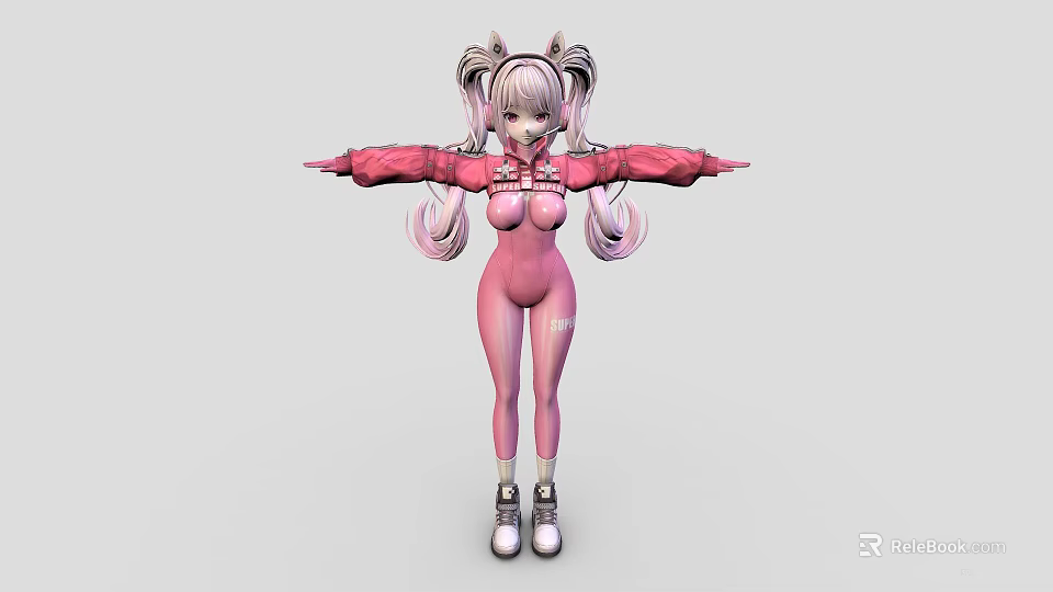 Woman In Pink Stylish Jumpsuit With Twin Ponytails And Arms Outstretched Wearing White Shoes 3d model 