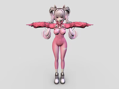 Woman In Pink Stylish Jumpsuit With Twin Ponytails And Arms Outstretched Wearing White Shoes 3d model
