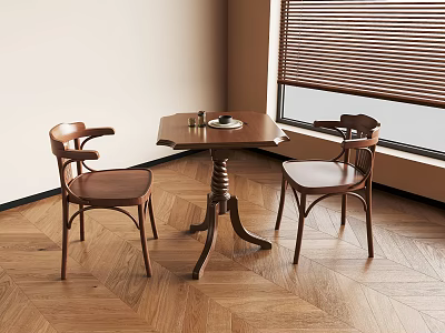Hexagonal Wooden Table With Two Armchairs In Room With Wooden Floor And Window Blinds 3d model