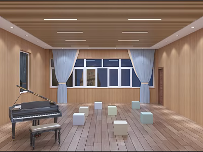 Kindergarten Room With Wooden Walls Flooring Blue Curtains Windows Black Piano And Colorful Small Stools 3d model