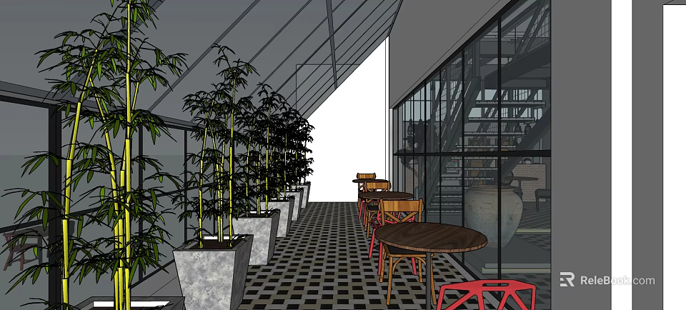 Bright Restaurant Interior With Glass Ceiling Potted Bamboo Wooden Tables Red Chairs And Checkerboard Floor 3d model 