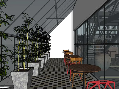 Bright Restaurant Interior With Glass Ceiling Potted Bamboo Wooden Tables Red Chairs And Checkerboard Floor 3d model