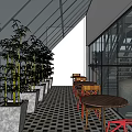 Bright Restaurant Interior With Glass Ceiling Potted Bamboo Wooden Tables Red Chairs And Checkerboard Floor